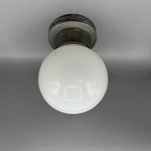 MCM Threaded Milk Glass Globe Cast Aluminum Damp Location Industrial Porch Light - Picture 1 of 18