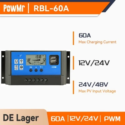 60A Solar Laderegler PWM Solar Panel Controller Regulator 12V / 24V Mit Dual USB - Bild 1 von 4