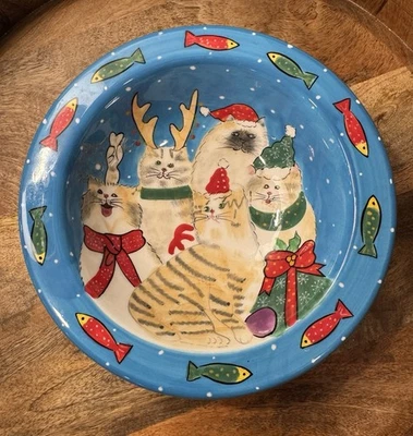 Plato de agua de comida para gatos azul Navidad pintado cerámica gatito peculiar ¡Excelente! Foto 1 de 4