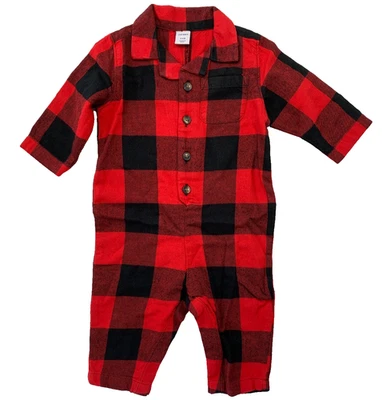 全新带标签 Old Navy 3-6 个月红色和黑色假日格子布法兰绒连身裤 — 第 1/4 张图片