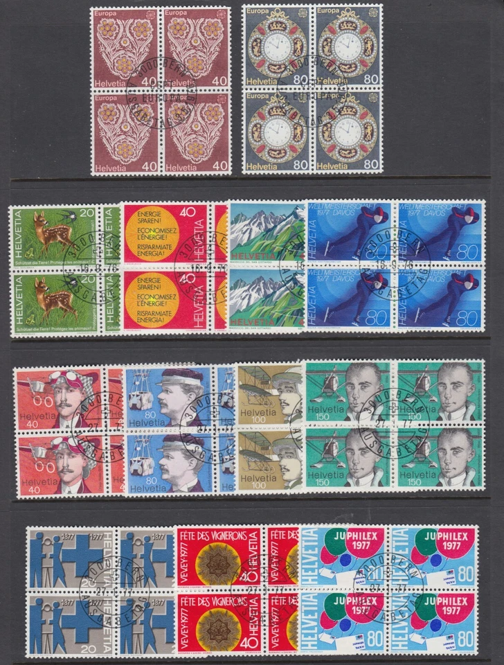 Switzerland Sc 614-626 used 1976-77 issues, 4 complete sets in blocks of 4, VF - Image 1 of 1