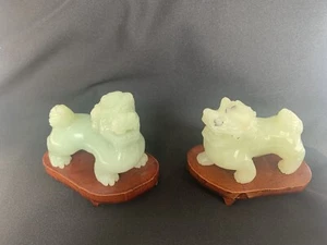 Chinese Pair Of VTG Carved Stone Jade Foo Dog Figurines - Picture 1 of 7