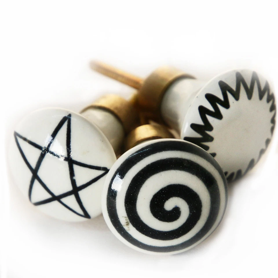 Möbelknöpfe Set 3 STK Griffe Weiß Schwarz Keramik Möbelknopf Stern Spirale Sonne - Bild 1 von 1