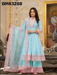 Beautiful Three Piece Long Georgette Schiffili Full Flair Anarkali Kurti Set Wit - Picture 1 of 6