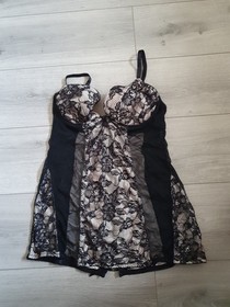 Ann Summers Black & Nude Lace  & Mesh Corset Back Babydoll Dress Size 18