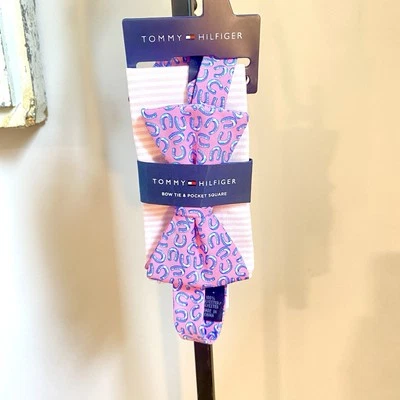Tommy Hilfiger Pink Blue Derby Horseshoe Bow Tie and Pocket Square 2 piece set - Image 1 of 4