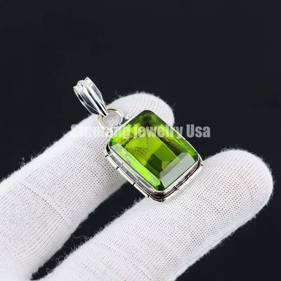 925 Sterling Silver Natural Peridot Rectangle Charm Gift Silver Pendant   SP6026 - Image 1 of 4