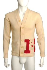 1953 Ivory Wool Lettermans Cardigan, Size Small - Picture 1 of 6