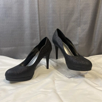 Tacón de tela de aguja con plataforma brillante negro y plateado talla 8 de noche usado 1X/Fioni Foto 1 de 4