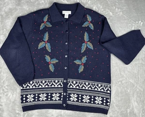 Vtg Dress Barn Cardigan Sweater Women XL 14/16 Blue Christmas Knit Grannycore - Picture 1 of 12