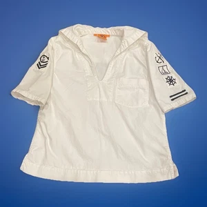 Camisa marinera Tory Burch rara para mujer blanca azul marino parches náuticos talla 6 - Imagen 1 de 12