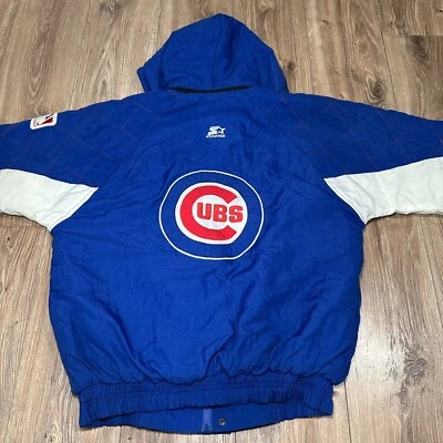 Vintage MLB Chicago Cubs Starter Puffer Zip Up Hoodie Jacket Men Size-M Red/Blue - Image 1 of 4