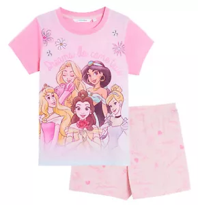 Girls Disney Princess Short Pyjamas Shortie Summer Pjs Set Jasmine Ariel Belle - Picture 1 of 15