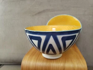 SET OF 2 BOWLS geometric DESIGN blue white yellow - 5"x3" 400ml - Picture 1 of 6