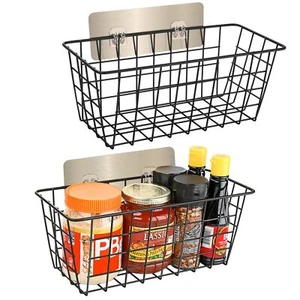 2 Pack Hanging Wall Basket Wire Storage Baskets Adhesive Basket For Cabinet Door - Picture 1 of 6