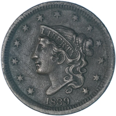 1839 (P) Coronet Large Cent Head of 38 XF Details Old Scratches See Pics F558 Cover