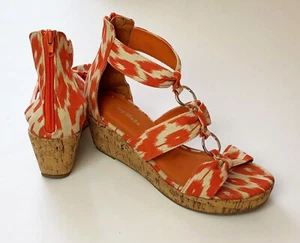 Top Moda Wedge Sandals Sz 6 Orange White Ankle High Zip 2.5" Cork Heel Straps - Picture 1 of 9