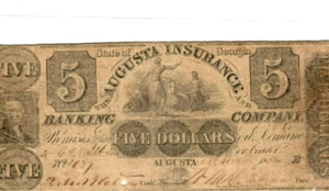 $5 "AUGUSTA INSURANCE" (STATE OF GEORGIA) 1800'S $5 "AUGUSTA INSURANCE" 1800'S - Picture 1 of 3