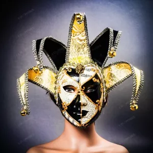 Venetian Jester Joker Full Face Masquerade Ball Party Mask Wall Decor BlackWhite - Picture 1 of 8