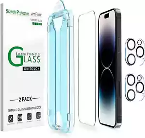 (2+2 pk) amFilm iPhone 14 Pro Max OneTouch Tempered Glass Screen& Lens Protector - Picture 1 of 5