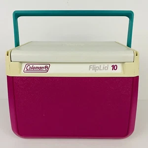 Vintage Coleman Flip Lid 10 Teal Handle Pink Cooler 5210 Cup Holder Rare 90s - Picture 1 of 11