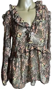 Topshop Damenbluse Top Größe 6 Blumenmuster Waldmuster Langarm Rüschenkante neu mit Etikett - Bild 1 von 12