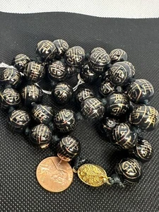 Vintage Shou Black And Gold Porcelain Round Beaded Chinese Necklace 26” Long - Picture 1 of 7