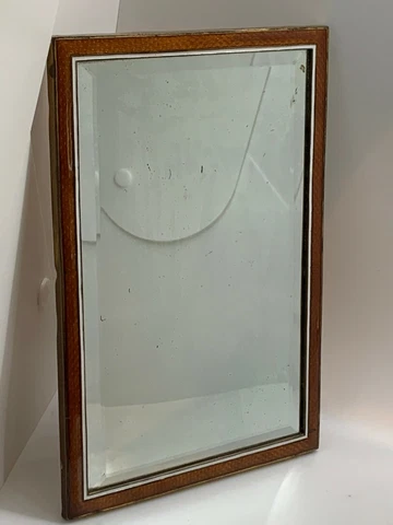 Stunning Inlaid Enamel Copper Color on Brass Framed Mirror Beveled Edge Antique Cover