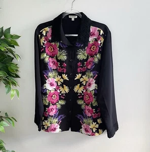Damart Womens Top Blouse Size 12 Long Sleeve Button Front Black Floral - Picture 1 of 10