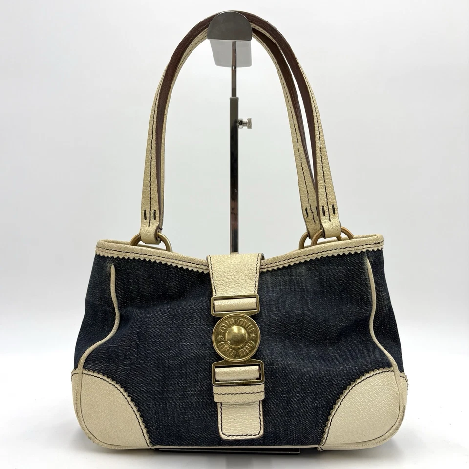 Auth Miu Miu Archive Gold Logo Hardware Denim Shoulder Tote Bag 2Y412 - Image 1 of 4
