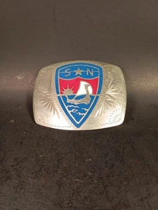 Vintage Sons Of Norway Viking Belt Buckle Silver Red Blue Etched Starbursts - Picture 1 of 8