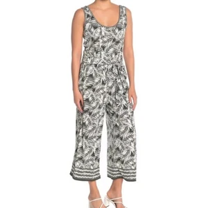 Max Studio Green White Floral Wide Leg Elastic Waist Sleeveless Jumpsuit Size L - Picture 1 of 11