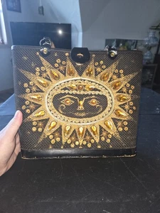 Borsa vintage 1963 Enid Collins of Texas Fiesta del Sol tela e legno gioielli sole - Foto 1 di 5