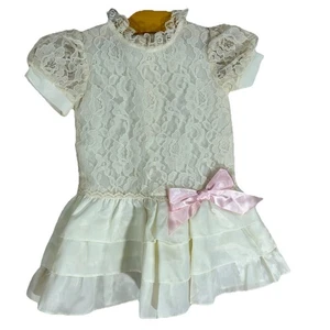 Vintage Winnie The Pooh Formal Party Dress Toddler 3T Ivory Cream Pink Bow Lace - Picture 1 of 6