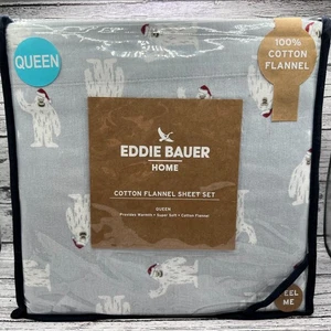 Eddie Bauer 4pc Queen Cotton Flannel Sheet Set Flat/Fitted/2 - Pillowcases Yeti - Picture 1 of 6