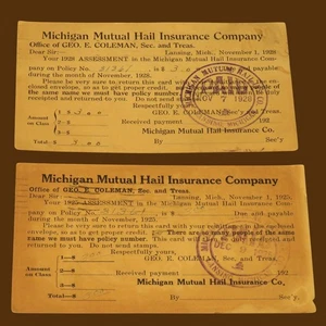 1925 & 1928 Michigan Mutual Hail Insurance Company One Cent Postkarte - Bild 1 von 5
