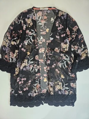 Rewind Kimono Shawl Wrap Size Small Black Floral Boho Black Lace Fringe Feminine - Image 1 of 4