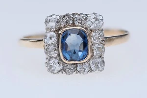 Anillo antiguo de oro de 18 quilates, zafiro eduardiano y diamantes - Imagen 1 de 6