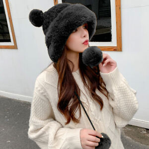 Women Faux Fur Trim Knitted Pom Pom Beanie Bobble Winter Warm Russian Ski Hat 