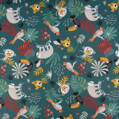 Baumwollstoff Papagei Faultier Affe Tukan Palmenblatt petrol bunt 1,5m Breite - Bild 1 von 4