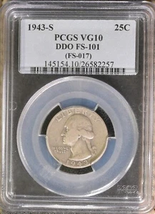 1943-S Washington Quarter PCGS VG10 DDO FS-101 017 Double Die Obverse 90% Silver - Picture 1 of 2