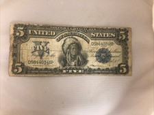 1899 Series $5 Silver Certificate- Blue Seal- Indian Chief Well Circulated