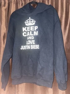 Size L Girls Black Justin Bieber Hoodie Y2K Keep Calm and Love Justin Bieber - Picture 1 of 6