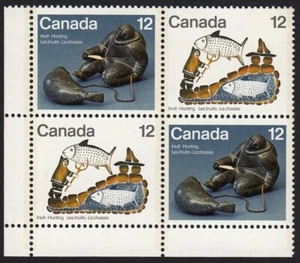 INUIT HUNTING, ABORIGINAL CANADA 1977 #748-749 MNH LL BLANK Block of 4 - Picture 1 of 1