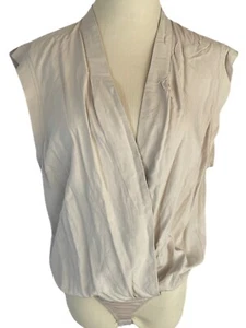 NEW $275 Lamarque Beige Splice Sleeveless Bodysuit Blouse XL Deep V NWT - Picture 1 of 3