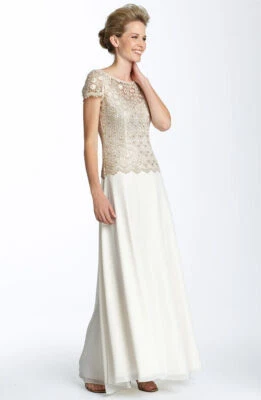 JS Collections Lace & Chiffon Mock Two Piece Gown Sz 14 Ivory Gold - Image 1 of 2