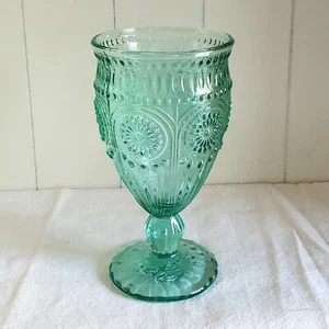 Pioneer Woman Adeline Lovely Green Glass Water Goblet Stemmed Embossed 6.5" Tall - Picture 1 of 7