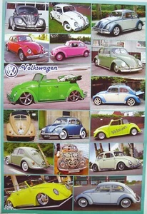 AUTOS "COLLAGE OF DIFFERENT VOLKSWAGEN BEETLES" ASIAN POSTER - 16 VW MODELS! - Picture 1 of 1