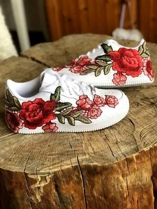 Nike Air Force 1 White Shoes Custom Embroidery Rose Red Floral Mens Womens Kids - Picture 1 of 10