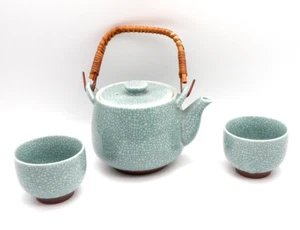 Kotobuki Japan Glazed Pottery Crackle Finish Tea Set Teapot 2 Cups Teal Vintage - Picture 1 of 9